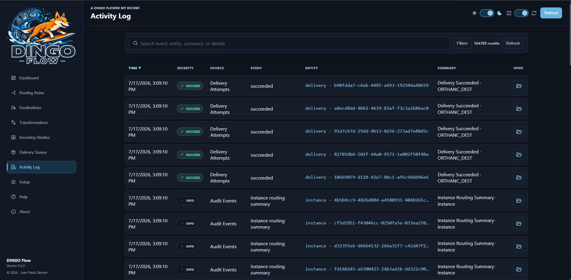 DINGO Flow Activity Log screenshot